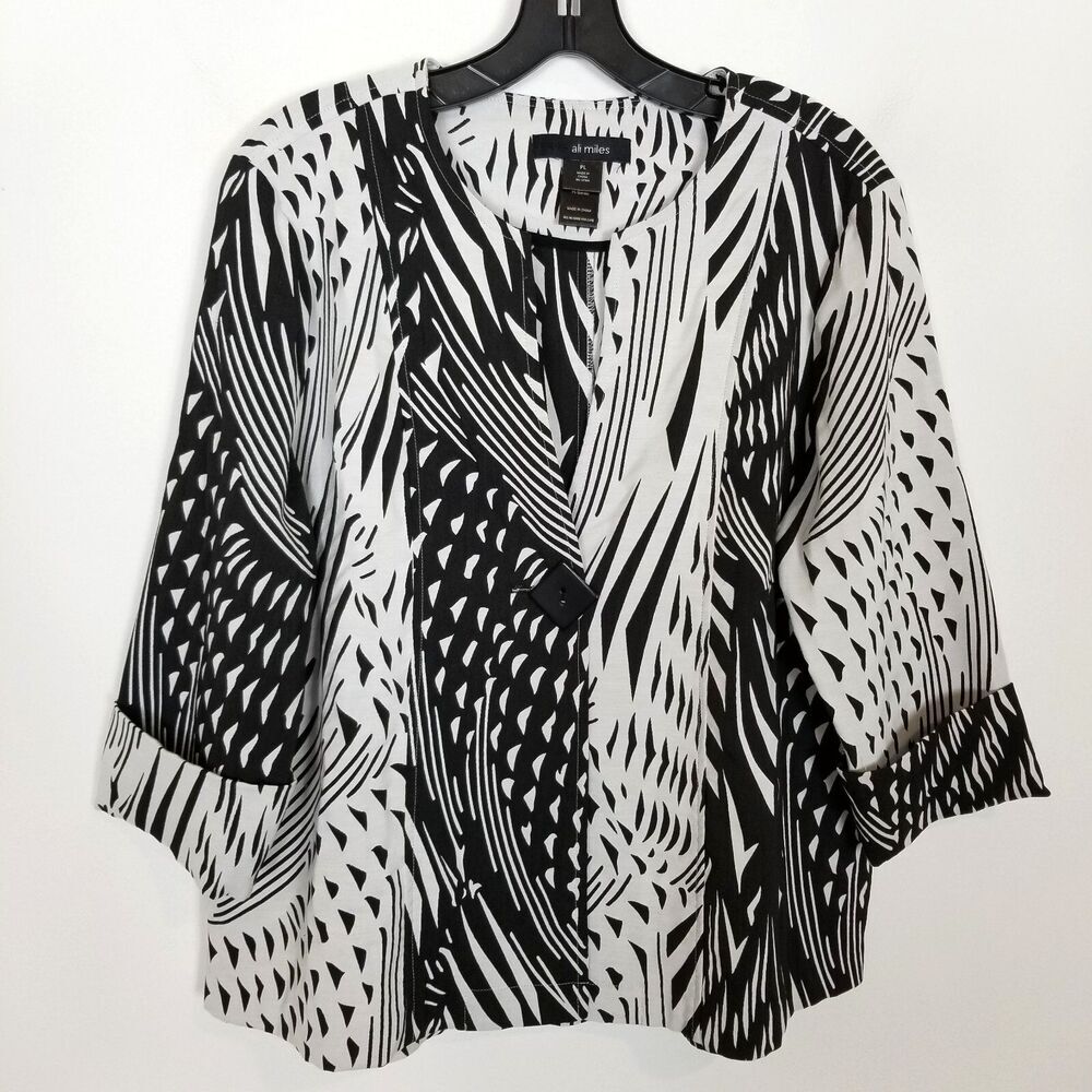 Ali Miles Women One Button Light Jacket sz L Petite Black White Artsy 3/4 Sleeve